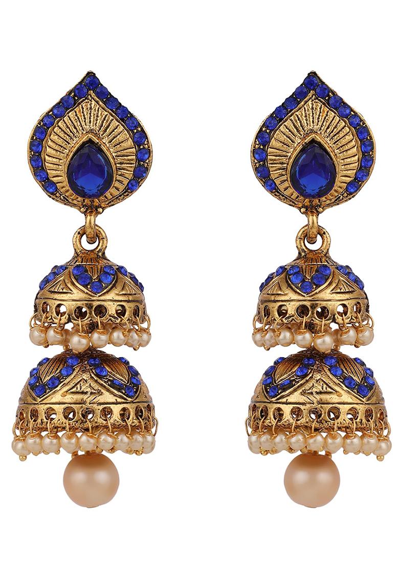 Blue Artificial Stone Bead Jhumka Earrings - Indya