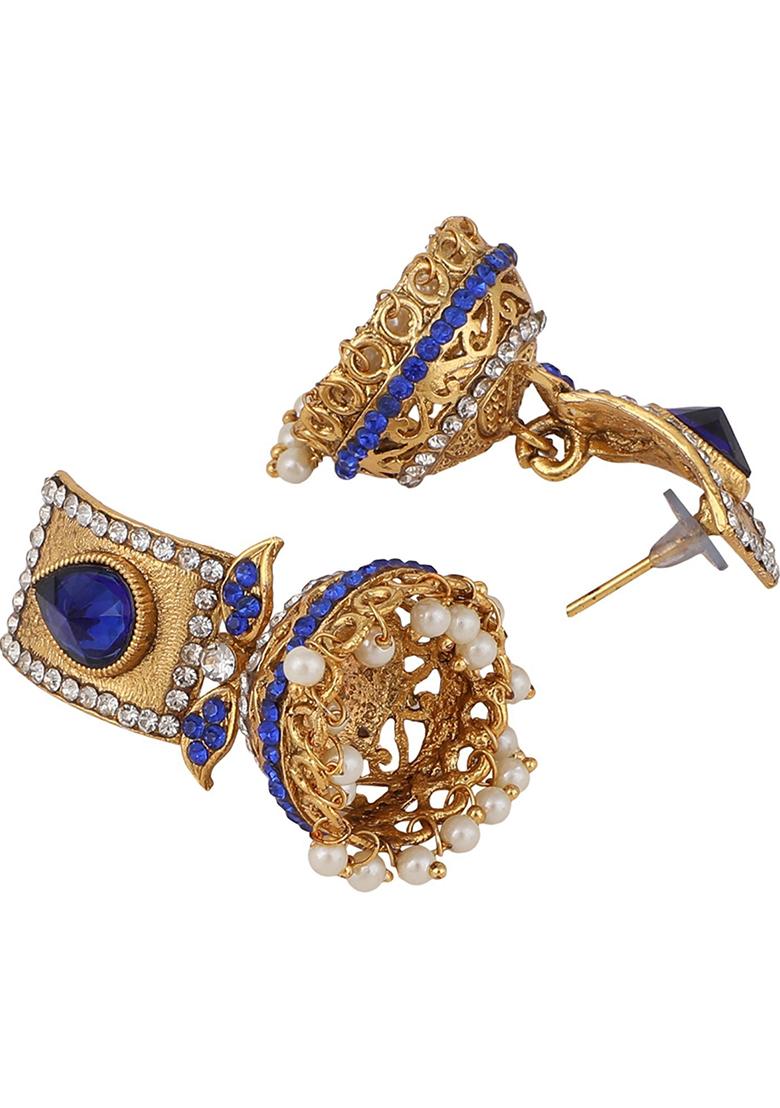Blue Artificial Stone Jhumka Earrings - Indya