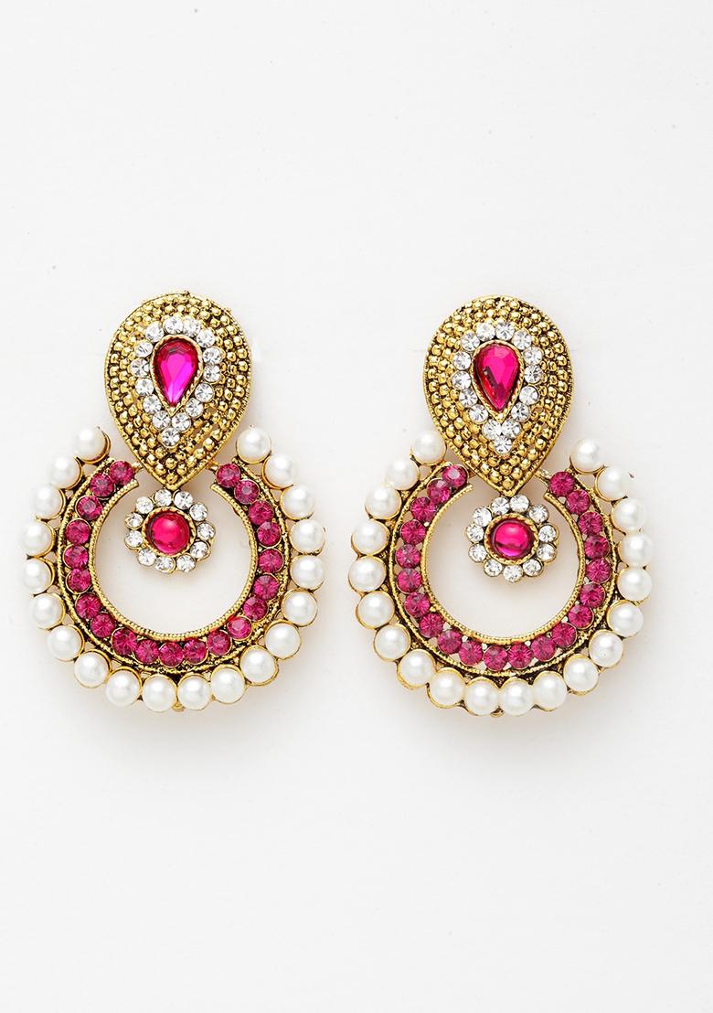 Pink Artificial Stone Bead Chandbali Earrings