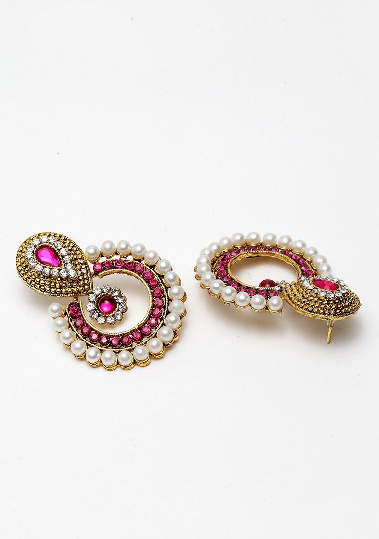 Pink Artificial Stone Bead Chandbali Earrings