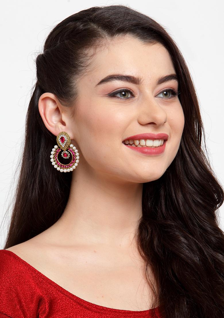 Pink Artificial Stone Bead Chandbali Earrings