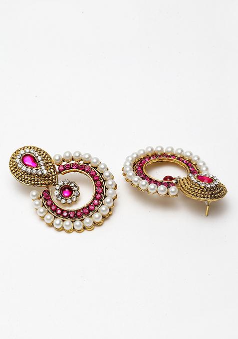 Pink Artificial Stone Bead Chandbali Earrings