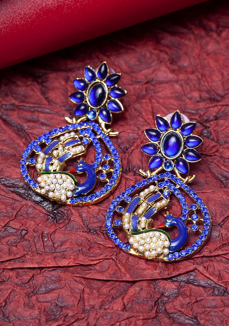 Blue Artificial Stone Bead Drop Earrings - Indya