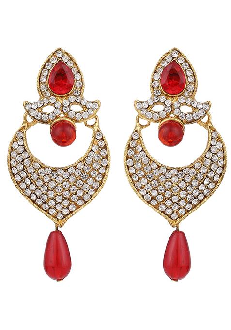 Red Artificial Stone Bead Chandbali Earrings