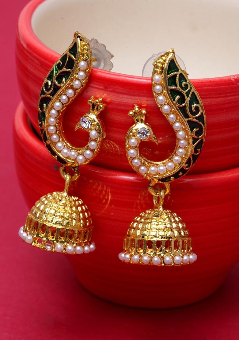 Green Artificial Stone Bead Jhumka Earrings