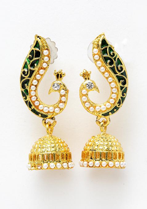 Green Artificial Stone Bead Jhumka Earrings