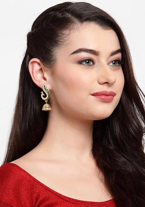 Green Artificial Stone Bead Jhumka Earrings