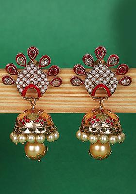 Red Artificial Stone Bead Jhumka Earrings
