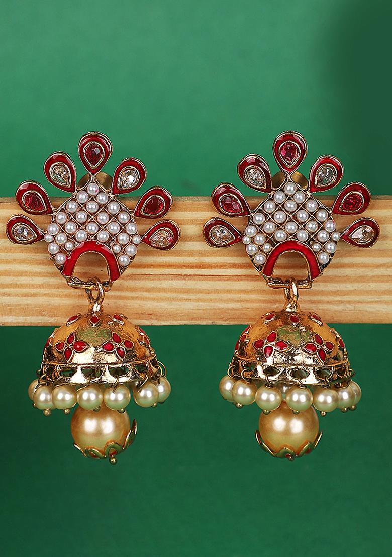 Red Artificial Stone Bead Jhumka Earrings