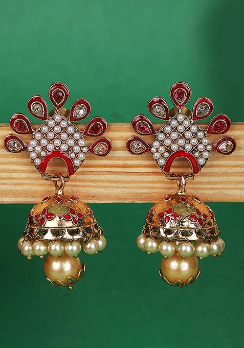 Red Artificial Stone Bead Jhumka Earrings