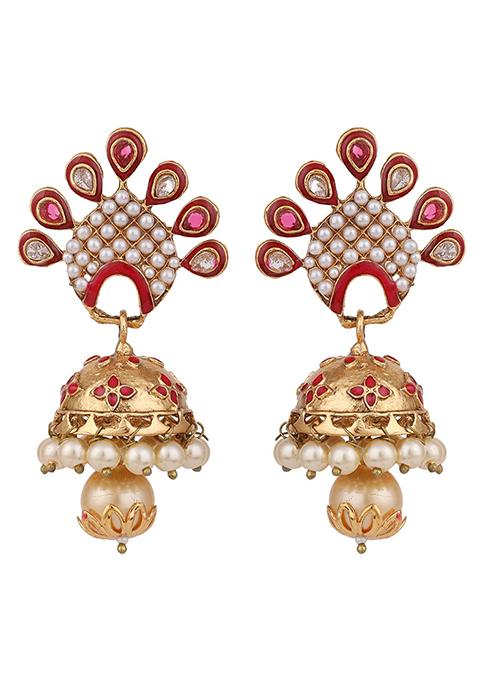 Red Artificial Stone Bead Jhumka Earrings