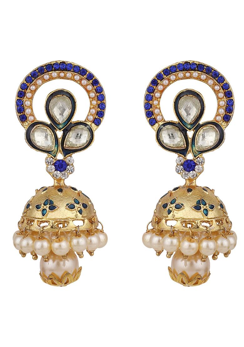 Blue Artificial Stone Bead Jhumka Earrings - Indya