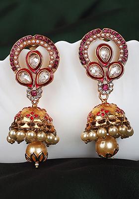 Red Artificial Stone Bead Jhumka Earrings