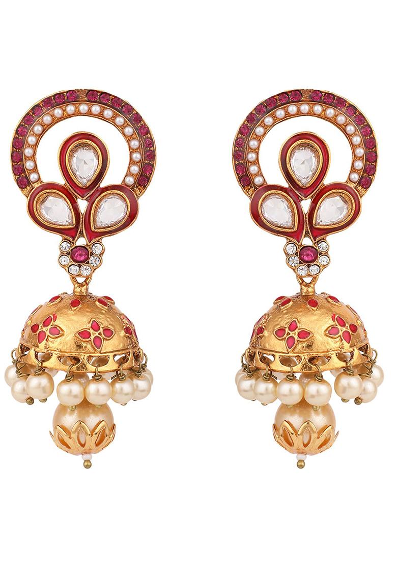 Red Artificial Stone Bead Jhumka Earrings