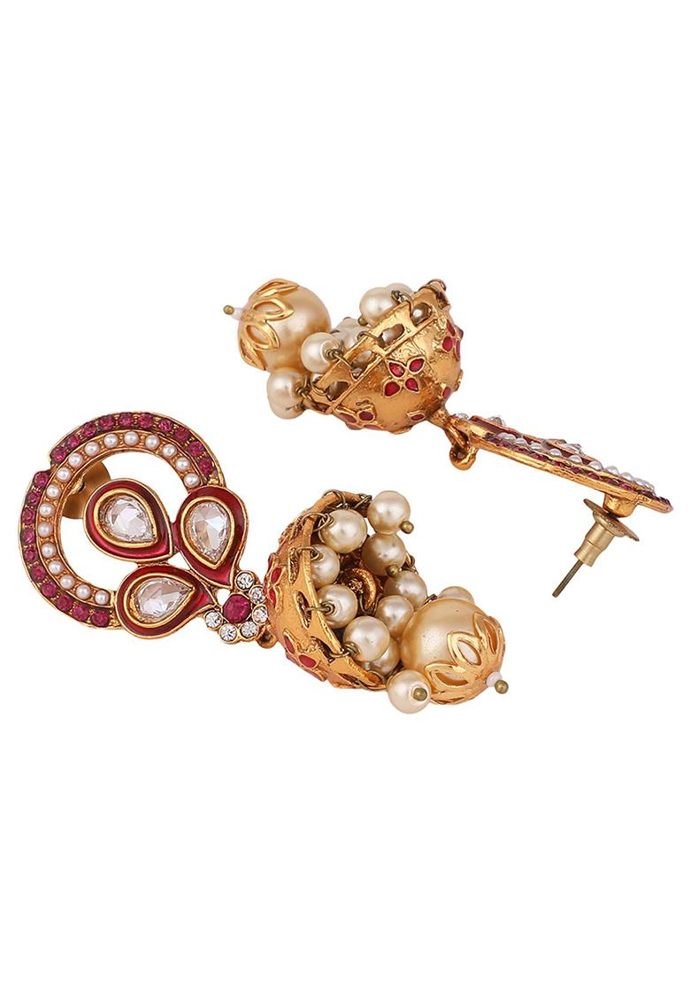 Red Artificial Stone Bead Jhumka Earrings