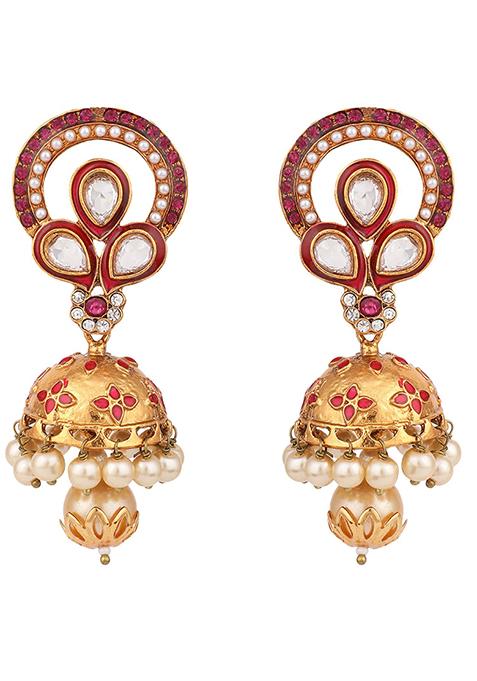 Red Artificial Stone Bead Jhumka Earrings