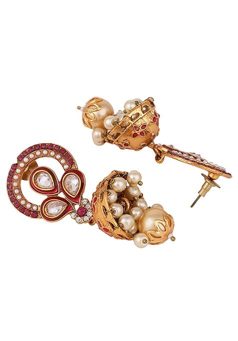 Red Artificial Stone Bead Jhumka Earrings