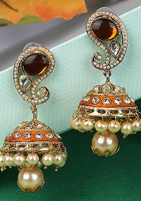 Brown Artificial Stone Bead Jhumka Earrings