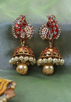 Red Artificial Stone Bead Jhumka Earrings