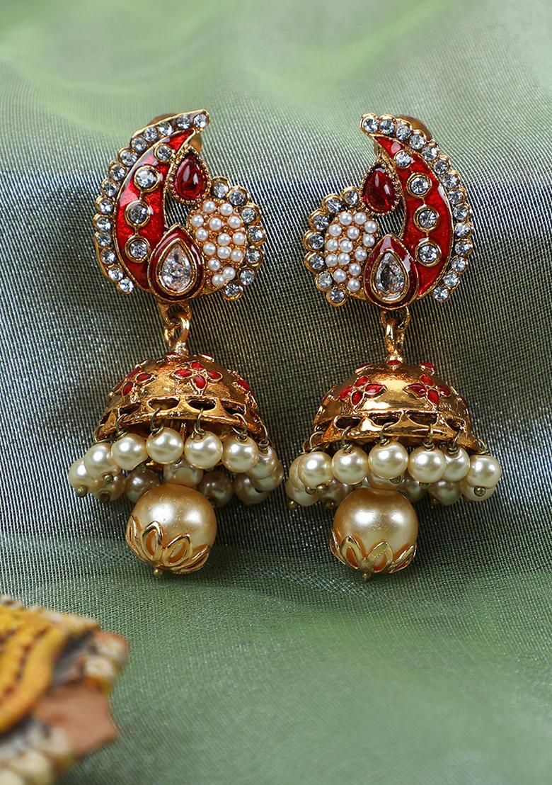 Red Artificial Stone Bead Jhumka Earrings