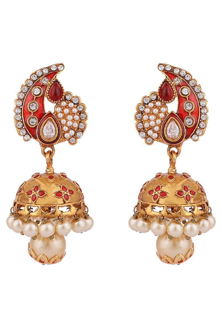 Red Artificial Stone Bead Jhumka Earrings
