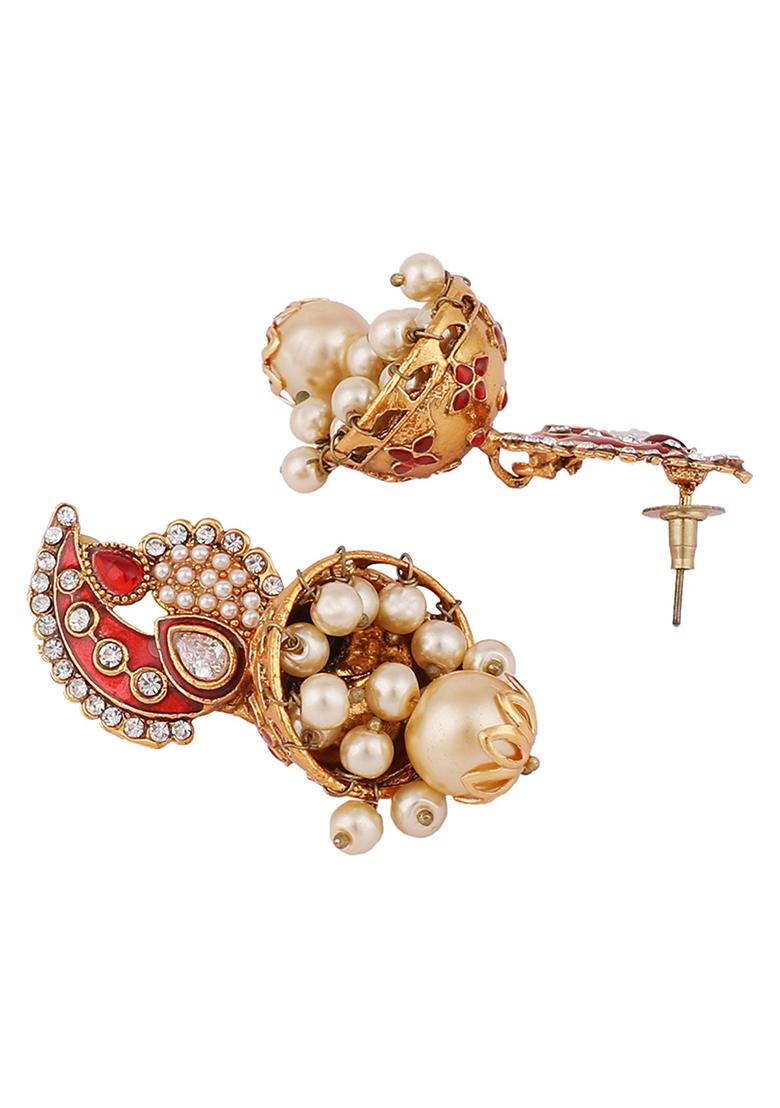Red Artificial Stone Bead Jhumka Earrings
