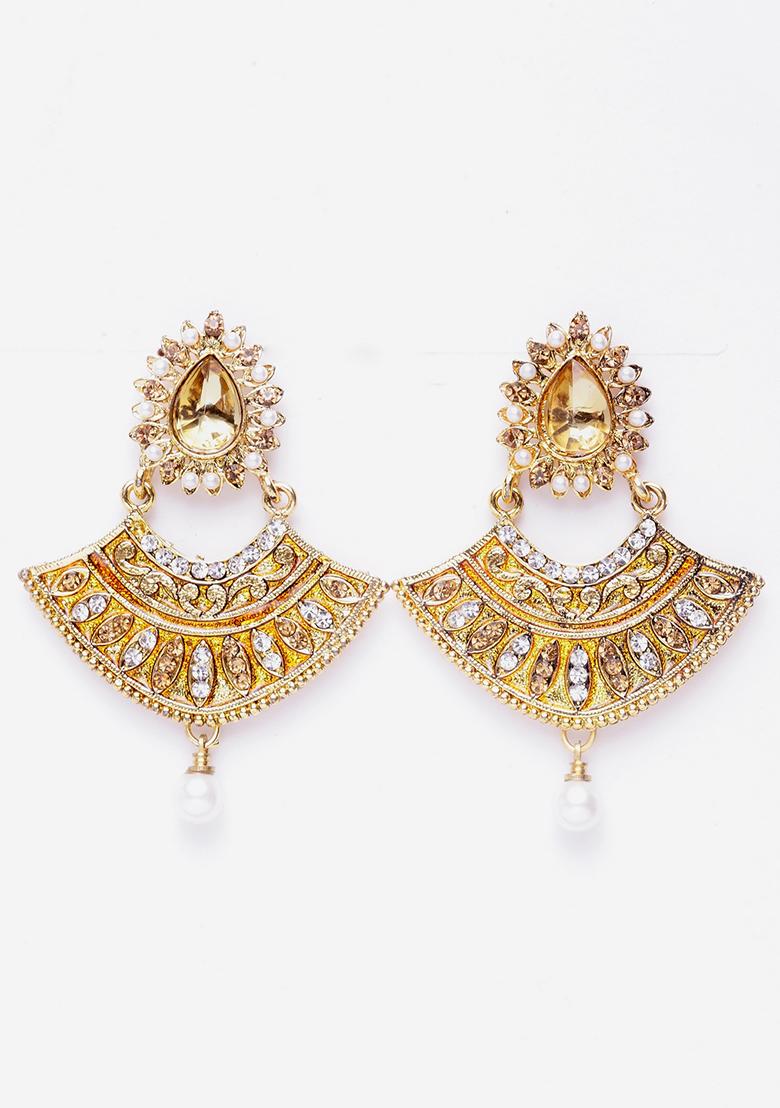 Gold Plated Artificial Stone Bead Drop Earrings - Indya