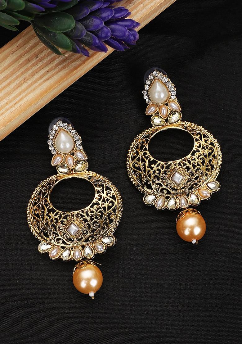 White Artificial Stone Bead Chandbali Earrings