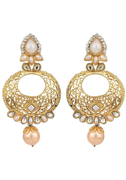 White Artificial Stone Bead Chandbali Earrings