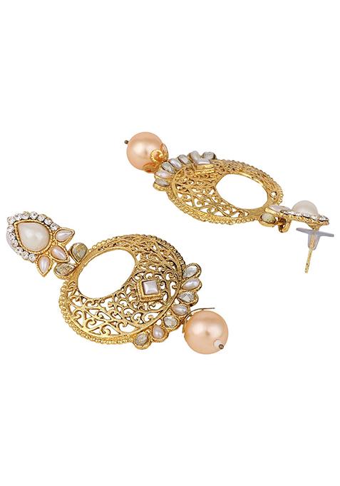 White Artificial Stone Bead Chandbali Earrings