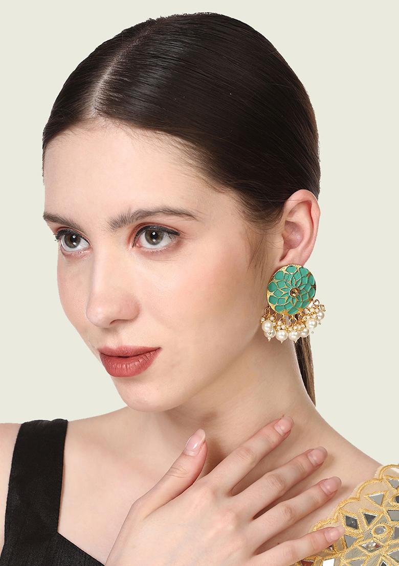 Green Artificial Stone Bead Stud Earrings - Indya