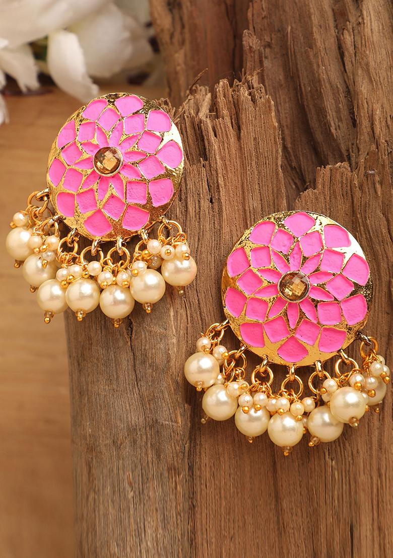 Pink Artificial Stone Bead Stud Earrings