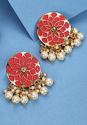 Red Artificial Stone Bead Stud Earrings