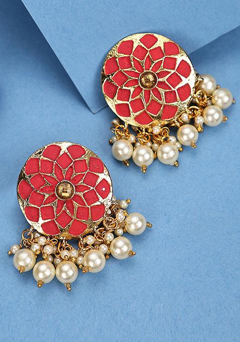 Red Artificial Stone Bead Stud Earrings