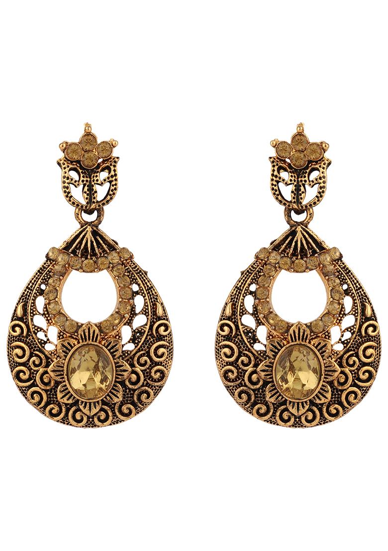 Gold Plated Artificial Stone Drop Earrings - Indya