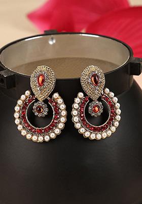 Red Artificial Stone Bead Chandbali Earrings