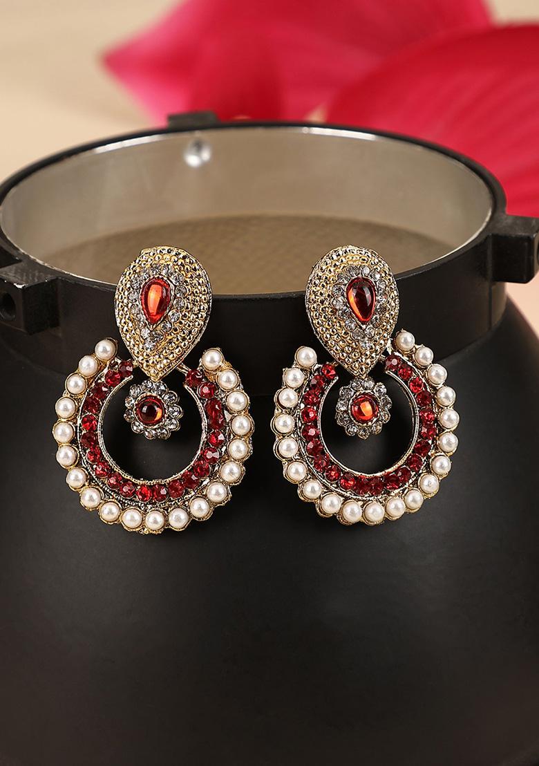 Red Artificial Stone Bead Chandbali Earrings