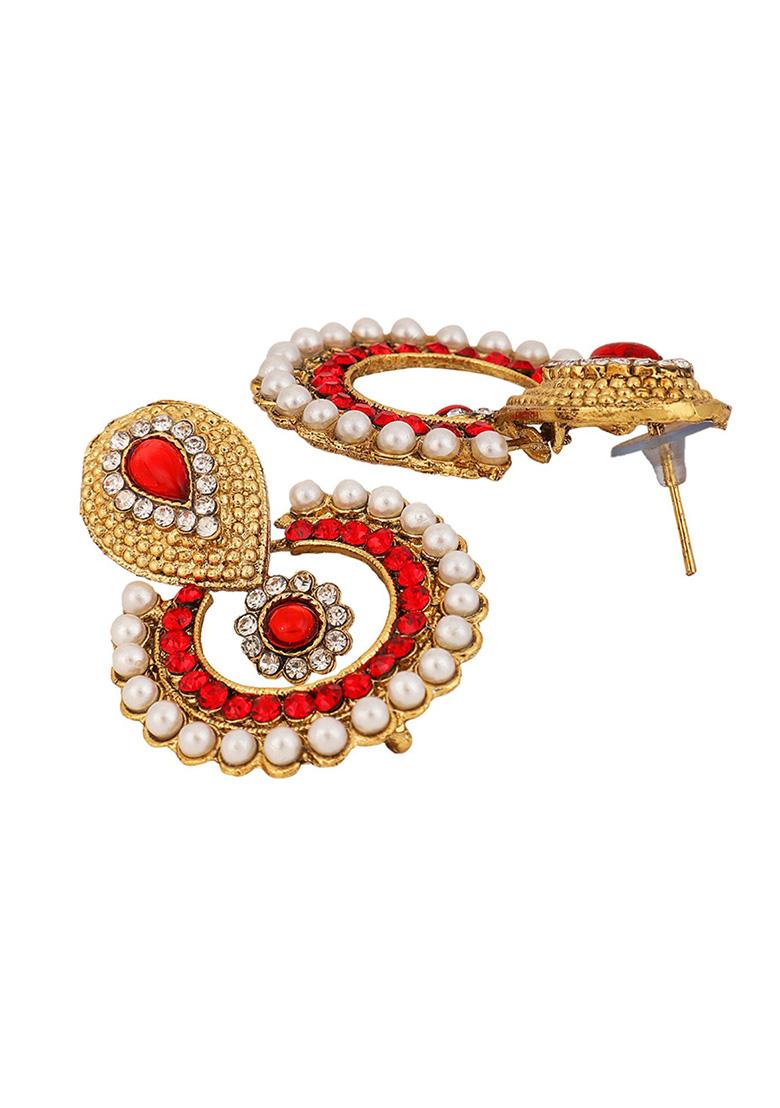 Red Artificial Stone Bead Chandbali Earrings
