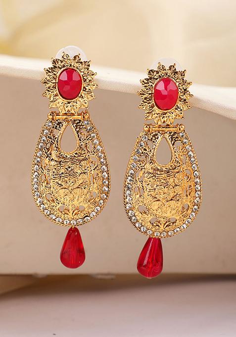 Red Artificial Stone Bead Dangler Earrings