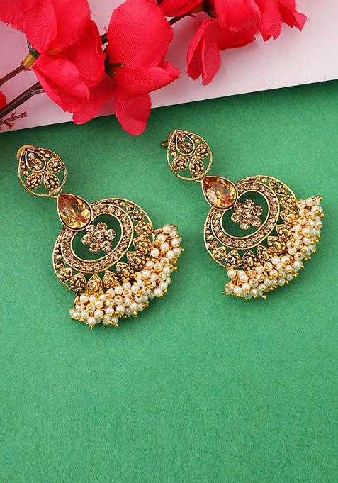 Gold Plated Artificial Stone Bead Dangler Earrings