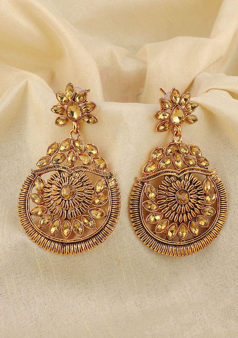 Gold Plated Artificial Stone Dangler Earrings - Indya