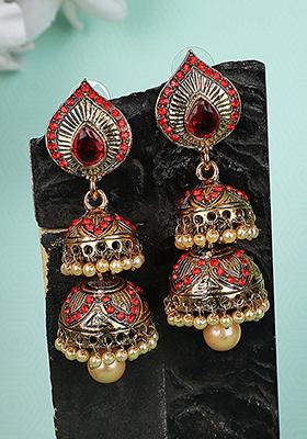 Red Artificial Stone Bead Dangler Earrings