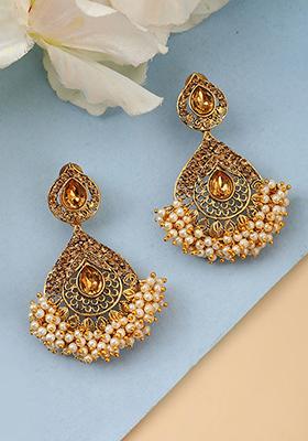 Gold Plated Artificial Stone Bead Dangler Earrings