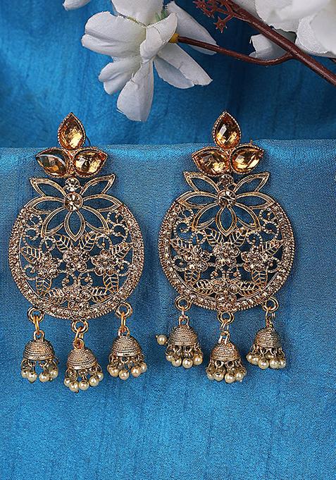 Gold Plated Artificial Stone Bead Dangler Earrings