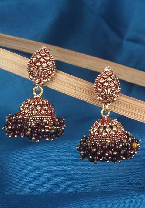 Maroon Bead Jhumka Earrings