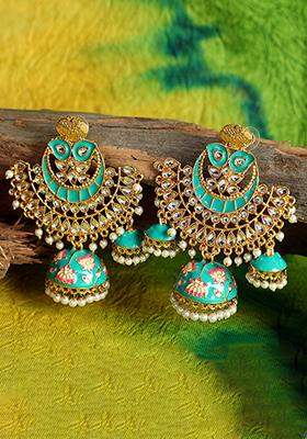 Green Artificial Stone Bead Jhumka Earrings
