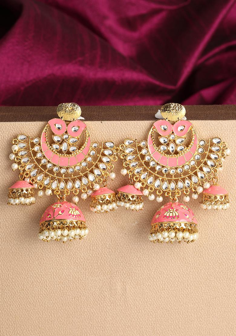 Pink Artificial Stone Bead Jhumka Earrings