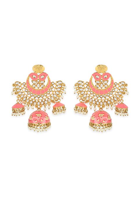 Pink Artificial Stone Bead Jhumka Earrings