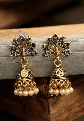 Gold Plated Bead Jhumka Earrings