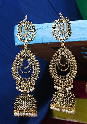 Gold Plated Bead Jhumka Earrings